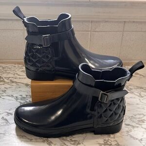 Hunter Black Refined Gloss Quilt Chelsea Ankle Rain Boots